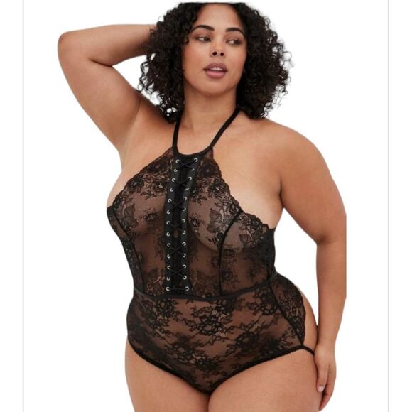 Laced Up Lace Bodysuit With Open Back - Picture 1 of 5